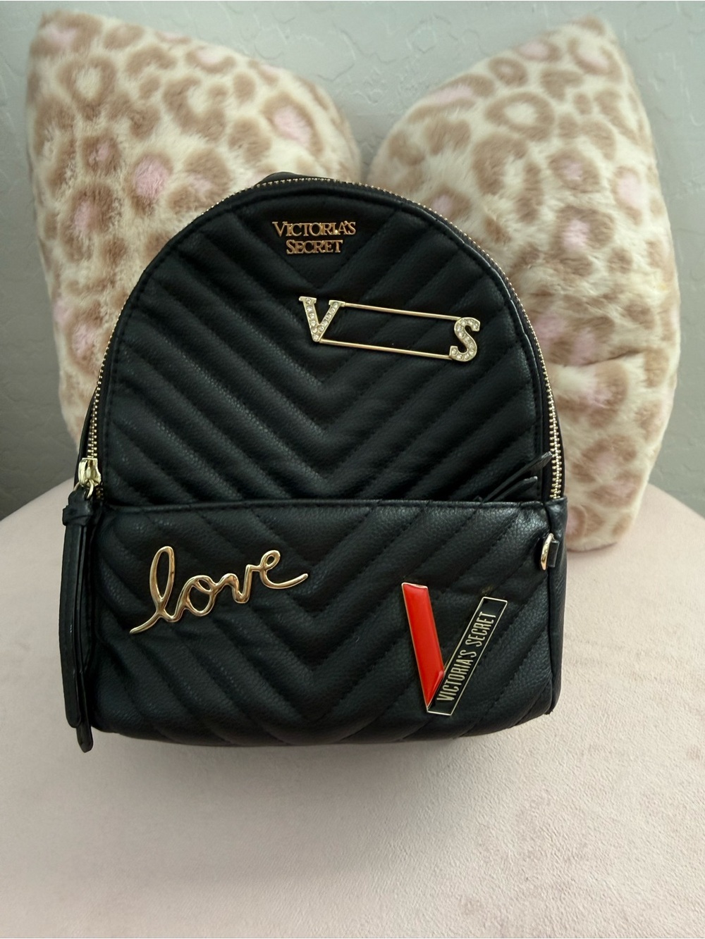 Victoria's Secret Black Quilted Mini Backpack with Gold Hardware and Red Accent